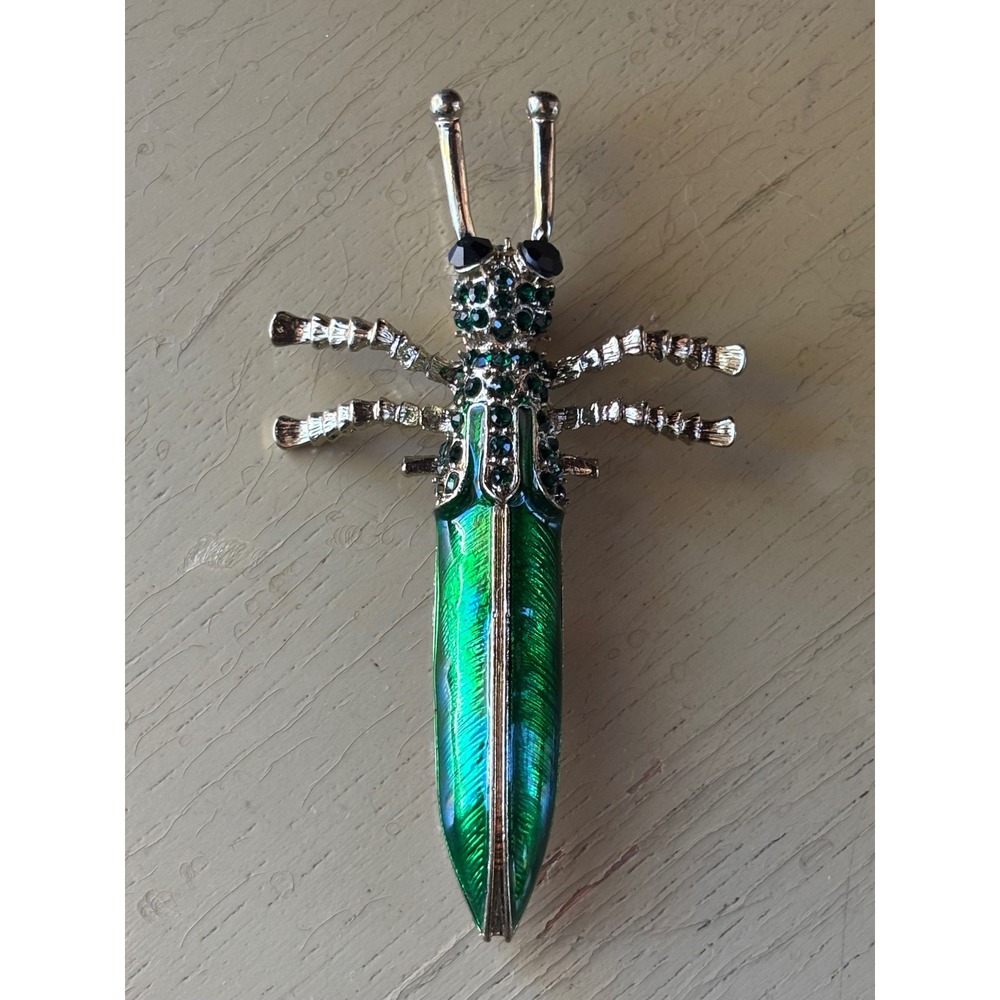 Green Enamel Beetle Brooch Silver Tone Rhinestone Insect Pin MD J 24